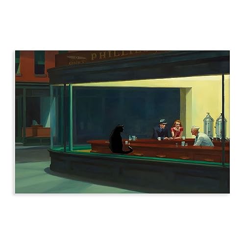 KOURT Lustiges Poster auf Leinwand, Motiv: Hopper Nighthawks, schwarze Katze, Schlafzimmer, Dekoration, Sport, Landschaft, Büro, Raumdekoration, Geschenk, ungerahmt: 30 x 45 cm von KOURT