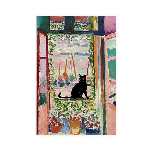 KOURT Matisse Poster mit offenem Fenster, schwarze Katze, lustiges Poster, Schlafzimmer, Dekoration, Sport, Landschaft, Büro, Raumdekoration, Geschenk, ungerahmt: 30 x 45 cm von KOURT