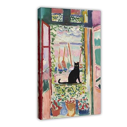 KOURT Matisse offenes Fenster, schwarze Katze, lustiges Poster, Leinwand-Poster, Wandkunst, Dekordruck, Bild, Gemälde für Wohnzimmer, Schlafzimmer, Dekoration, Rahmen: 50 x 75 cm von KOURT