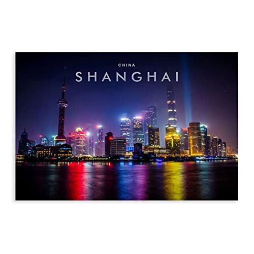 KOURT Shanghai Skyline Nachtansicht der chinesischen Städte Leinwand Poster Schlafzimmer Dekor Sport Landschaft Büro Zimmer Dekor Geschenk Rahmen: 60 x 90 cm von KOURT