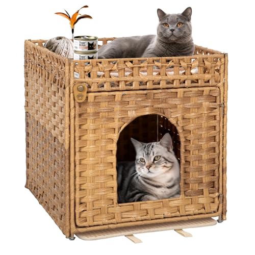 Handgewebtes Rattan-Katzentoiletten-Möbel, versteckter Schrank mit geruchshemmender Matte, auslaufsicherer Zaun und sicheren S-Haken für Wohnzimmer/Schlafzimmer, 46,2 x 46,2 x 62,2 cm (Natur) von KOUSEI