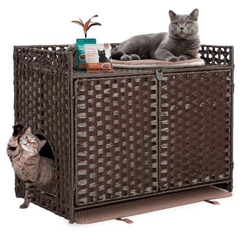 Versteckte Katzentoilette, Möbelgehege, handgewebtes Rattan-Haustierhaus mit Abnehmbarer Matte, große Katzentoilette für den Innenbereich mit erhöhten Metallfüßen (77 x 46,2 x 62,2 cm), modernes von KOUSEI