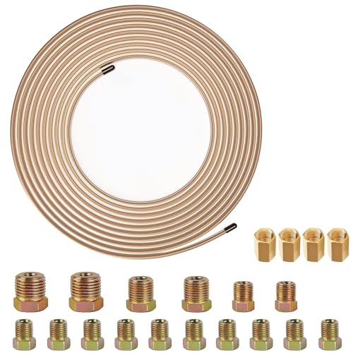 10 m Bremsleitung Ø 4,75mm (3/16") Set mit 16Pcs Verschraubungen & 4Pcs Verbinder für Bremsleitung Bördel DIN/SAE Kupfer Verkupfertes Stahl Sortiment von KOUTIANWU