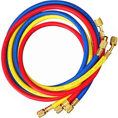 60Inch/150cm Füllschlauch für Klimatisierung mit Kältemittel (600-3000Psi) für R134a R12 R2 R502, AC-Fluorid-Abfüllschlauch Adapter 1/4" SAE für Auto-Klimaanlage Ladeschlauch (3 Farben) von KOUTIANWU