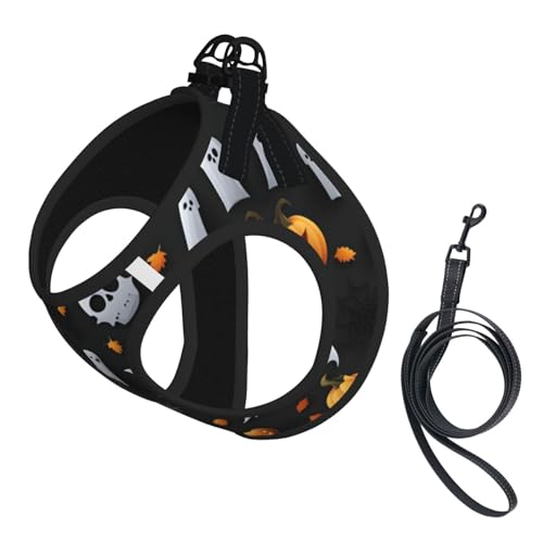 Hundegeschirr mit niedlichem Halloween-Muster und Leine, Set mit verdickter, gepolsterter Weste für extra kleine/kleine, mittelgroße Hunde Hundegeschirr mit niedlichem Halloween-Muster und Leine, Set mit verdickter, gepolsterter Weste für extra kleine/kleine, mittelgroße Hunde von KOUUIP
