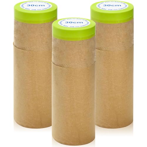 KOVSGQ Abdeckpapier Maler Abdeckpapier Kraftpapier Vorgeklebte Abdeckfolie mit Selbstklebestreifen Selbstklebendem Abdeckband für Malerarbeiten Renovierungen Autolack (30cm x 15m x 3Rollen) von KOVSGQ