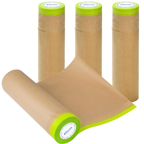 KOVSGQ Abdeckpapier Maler Abdeckpapier Kraftpapier Vorgeklebte Abdeckfolie mit Selbstklebestreifen Selbstklebendem Abdeckband für Malerarbeiten Renovierungen Autolack (45cm x 15m x 4Rollen) von KOVSGQ