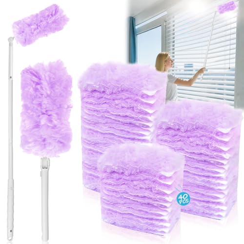 KOVSGQ Staubmagnet Nachfüllpack Kompatibel mit Swiffer Staubmagnet Teleskopstange für Swiffer Duster 360° Staubwischer 40 Tücher Und 1 Teleskopgriff für Tierhaare Gegen Staub Schmutz (Lila) von KOVSGQ