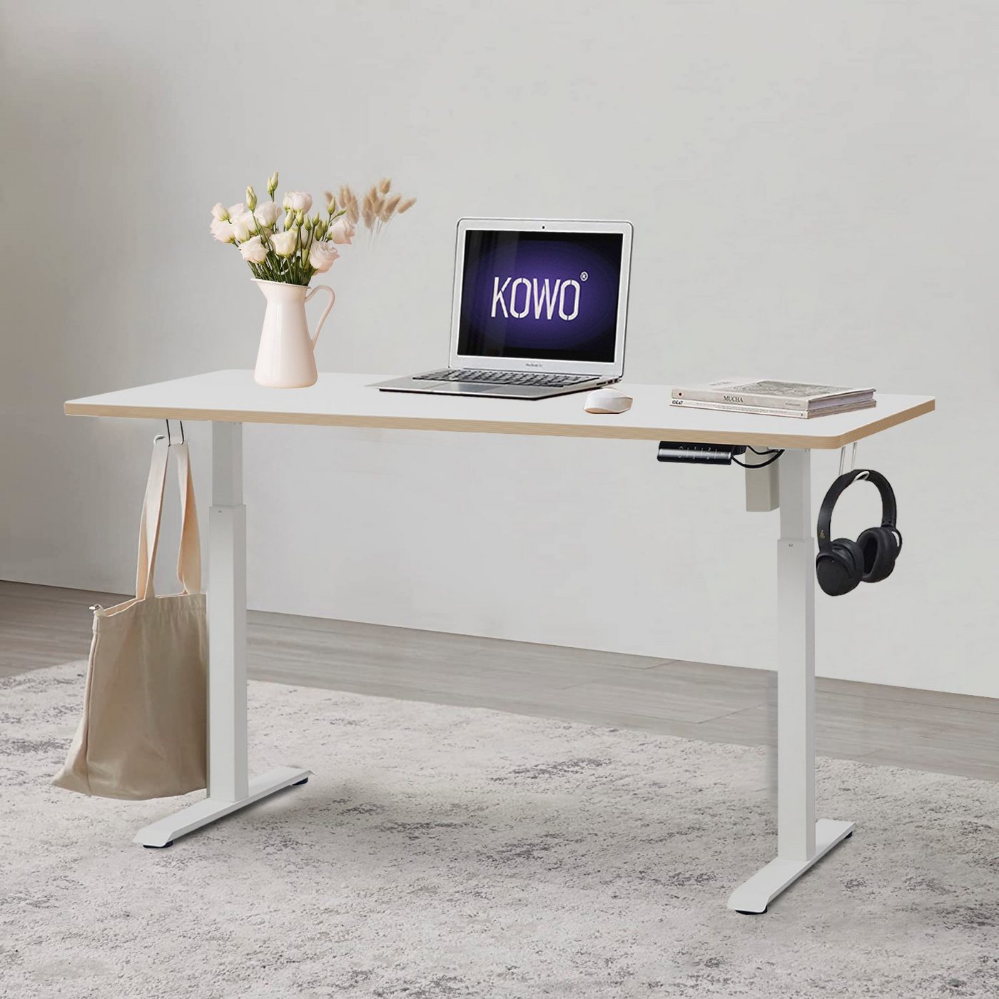 KOWO Schreibtisch Höhenverstellbarer Schreibtisch 160 cm Bürotisch mit Tischgestell, mit USB C Ladegerät und USB Netzteil für iPhone, iPad, MacBook, Handy von KOWO