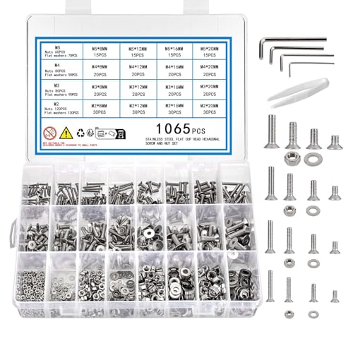 KOXXIAMOQ 1065 Stück Schrauben Set, M2 M3 M4 M5 Zylinderschrauben mit Innensechskant Schraube mit Muttern und Unterlegscheiben, Edelstahl Gewindeschrauben Sortiment Set(1065) von KOXXIAMOQ