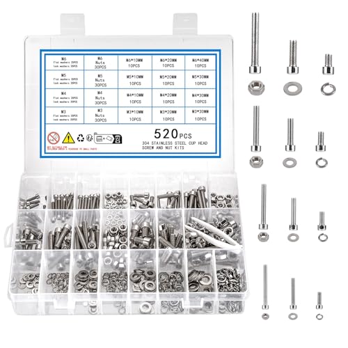 KOXXIAMOQ 520 Stück Schrauben Set, M3 M4 M5 M6 Zylinderschrauben mit Innensechskant Schraube mit Muttern und Unterlegscheiben, Edelstahl Gewindeschrauben Sortiment Set (520) von KOXXIAMOQ