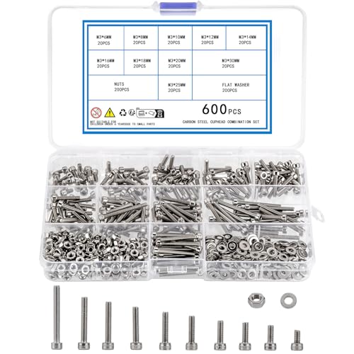 KOXXIAMOQ 600 Stk M3 Zylinderschrauben mit Innensechskant Schrauben Muttern und Unterlegscheiben Sortiment Kit, Innensechskantschrauben Set, Gewindeschrauben Sortiment mit Muttern von KOXXIAMOQ