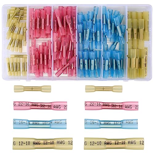 KOXXIAMOQ 130 Stück Kabelverbinder Wasserdichte Quetschverbinder Set, 12-26 AWG Schrumpfverbinder Wasserdichte, Stoßverbinder Kabelschuhe Lötverbinder Sortiment Set - Gelb, Rosa, Blau von KOXXIAMOQ
