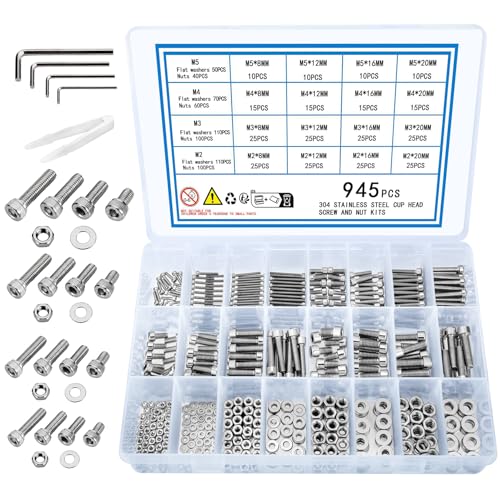 KOXXIAMOQ 945 Stück Zylinderschrauben mit Innensechskant Schrauben mit Muttern Set, M2 M3 M4 M5 Schrauben Set, Edelstahl Maschinenschrauben, Gewindeschrauben mit Muttern und Unterlegscheiben Set (945) von KOXXIAMOQ