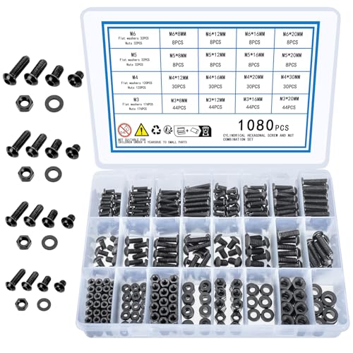 KOXXIAMOQ 1080 Stk M3 M4 M5 M6 Linsenkopf Innensechskant Schrauben Set, Gewindeschrauben Set, Innensechskantschrauben Set, Maschinenschrauben und Muttern und Unterlegscheiben Sortiment Set von KOXXIAMOQ