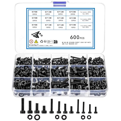 KOXXIAMOQ 600 Stk M3 M4 M5 Zylinderschrauben mit Innensechskant Schrauben Muttern und Unterlegscheiben Sortiment Kit, Gewindeschrauben Sortiment mit Muttern, Sechskantschrauben Set von KOXXIAMOQ