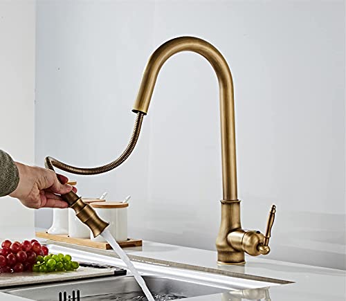 KOYOO Küchenarmatur Messing Antik, Wasserhahn Küche Ausziehbar, Einhebel 360°Schwenkbar Spültischarmatur Hoher Auslauf von KOYOO