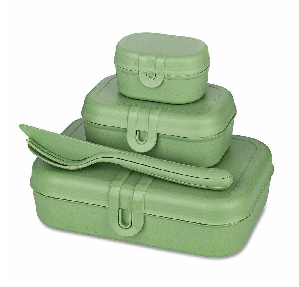 KOZIOL Lunchbox Set Pascal Ready, Nature Leaf Green, Kunststoff-Holz-Mix, (Set, 4-tlg), mit Besteck-Set Klikk von KOZIOL