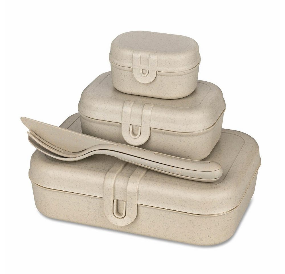 KOZIOL Lunchbox Set Pascal Ready Nature Desert Sand, Kunststoff-Holz-Mix, (Set, 4-tlg), mit Besteck-Set Klikk von KOZIOL