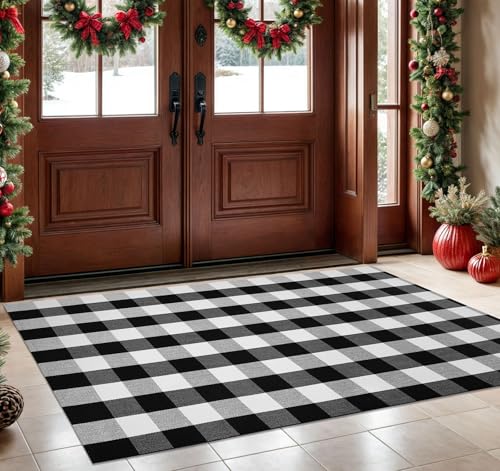KOZYFLY Buffalo Plaid Area Rug 4 x 6 Ft Black and White Checkered Rug Washable Outdoor Rugs Cotton Rugs for Bedroom Front Door Mat Carpet for Front Porch Living Room Dining Room Kitchen von KOZYFLY