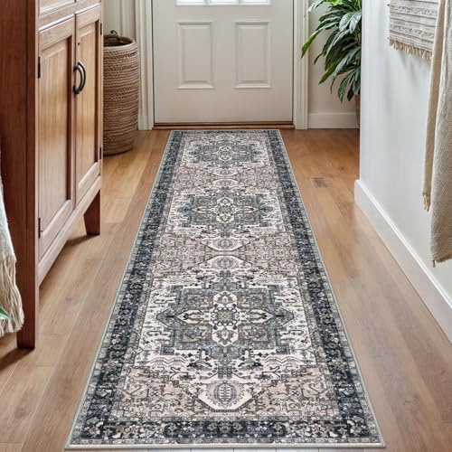 KOZYFLY Läufer für Flur, waschbar, Küchenläufer, Boho-Läufer, Teppich für Eingangsbereich, Innenbereich, Kunstwolle, langer Boden-Teppich, Läufer für Schlafzimmer, Waschküche, Flur, Schwarz/Taupe von KOZYFLY