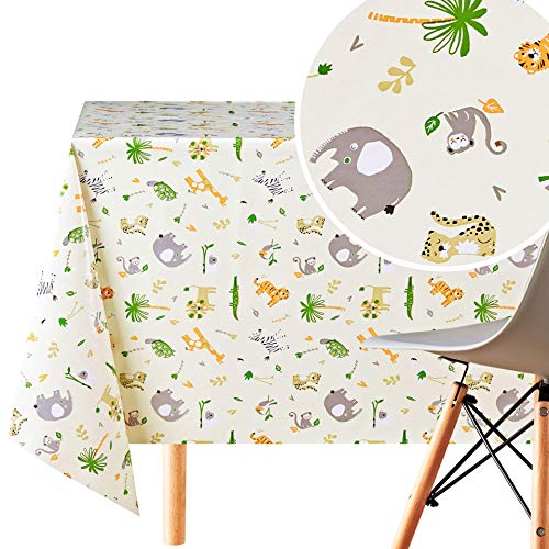 Abwischbare Tischdecke, wiederverwendbar, in hellem cremefarbenem Beige – lustige Kinder-Safari-Tiere, PVC-Tischdecke, rechteckig, 200 x 140 cm, abwischbare Vinyl-Tischdecke mit Tierdruck für Kinder von KP HOME