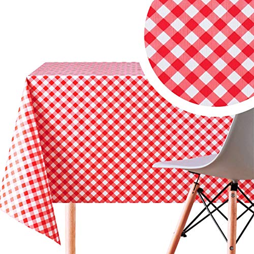 Abwischbare Tischdecke mit Karomuster Weiß und Rot – Rechteckig 250 x 140 cm - 8 Sitze - Wasserdichtes Wachstuch Schweres PVC Schachbrettmuster - Gingham-Muster Esstisch Ölbeständig, Pflegeleicht von KP HOME