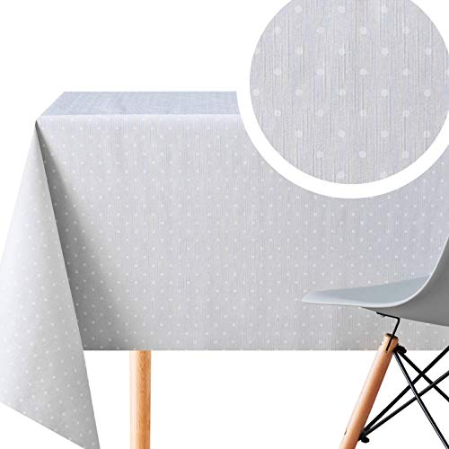 Grau Retro Wachstuchtischdecke mit Weiß Punktmuster, Abwischbare PVC Wachstuch, Rechteckige 250 x 140 cm - 8 Sitzplätze, Gepunktet Tupfen Vinyl Tischdecke, Wachstischdecke Pflegeleicht Wasserdichtes von KP HOME