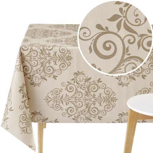 KP HOME Wasserfeste PVC-Tischdecke, abwischbar, rechteckig, 300 x 140 cm, klassische Barock-Vinyl-Tischdecke, abwischbar, für den Garten, Kunststoff, abwischbar, Cremebeige von KP HOME