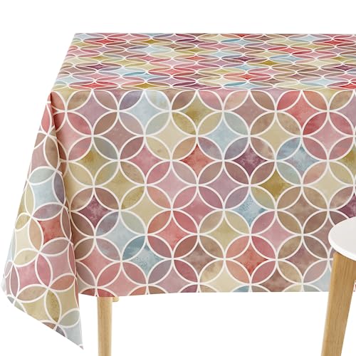 KP HOME Wasserdichte PVC-Tischdecke, Abwischbar, Rechteckig, 300 x 140 cm, Nahtlos, Geometrische Kreise, Kunststoff-Vinyl für Küche, Mehrfarbig, Violett-Rot von KP HOME