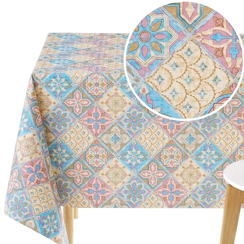 KP HOME PVC Tischdecke Abwischbare Tischdecke Lissabon Fliesen Muster Vinyl Tischdecke Rosa Beige Blau Rechteckig 250 x 140 Abwischbare Tischdecke Portugiesisch Azulejo Wasserdicht Tischdecke 8 Sitze von KP HOME