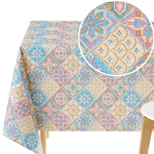 KP HOME Wasserdichte PVC-Tischdecke, rechteckig, 250 x 140 cm, portugiesische Azulejo-Lissabon-Fliesen, Vinyl-Tischdecke, rechteckig, Esstischdecke, abwischbar, hell und bunt von KP HOME