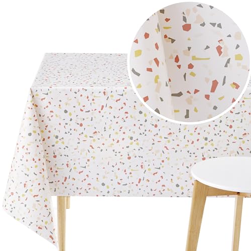 KP HOME Wasserdichte PVC-Tischdecke, abwischbar, rechteckig, Wachstuch, 250 x 140 cm, modernes Terrazzo-Muster, abwischbar, rechteckig, Wachstuch, Outdoor-Kunststoff-Tischdecke in Cremeweiß von KP HOME