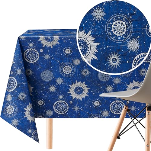 KP HOME PVC Wachstuchtischdecke Rechteckig 200x140 cm - Abwischbare Tischdecke Wasserdichtes für 6 Personen - Vinyl Tischtuch, Tischdecke Kunststoff Blau Astro Silver Starburst Design von KP HOME