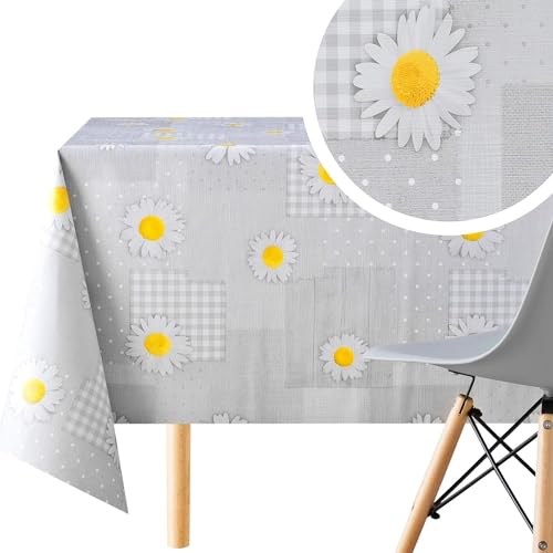 KP HOME PVC Wachstuchtischdecke Rechteckig 300x140 cm - Abwischbare Tischdecke Kunststoff Wasserdichtes für 10 Personen - Vinyl Tischtuch, Grau Margerite Kamille Blumen Patchwork-Design von KP HOME