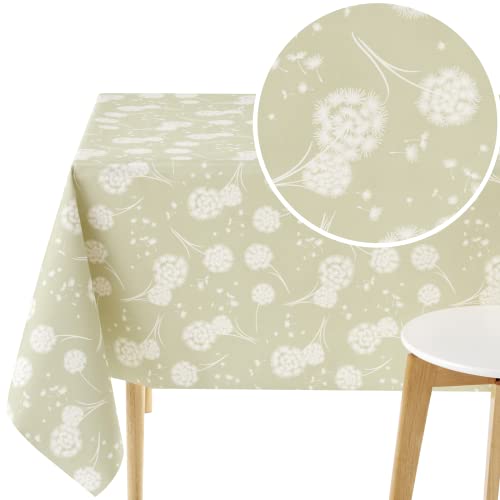 KP HOME Abwischbare PVC Tischdecke, Rechteckig 200 x 140 cm, Wasserdichtes Wachstuch, Esstischdecke, Wachstuchtischdecke Pflegeleicht, Salbeigrün mit Löwenzahn Pusteblumen-Muster von KP HOME