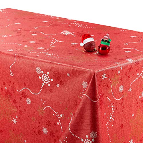 KP Home, rote Tischdecke "Merry Christmas", Weihnachtsmuster, abwischbar, Vinyl PVC plastik, Rot, Weiß, Gold, 200 x 140 cm von KP HOME