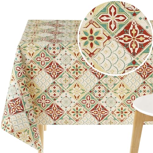 KP Home Wachstuchtischdecke Kacheloptik Fliesen Muster Wasserdicht Wachstuch Rechteckig 250x140 Portugiesisch Azulejos Beige Rot Wachstischdecke Vinyl PVC Tischdecke Abwischbare Kunststoff Pflegeleich von KP HOME