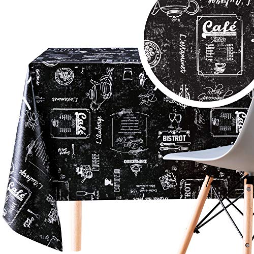 Schwarz Tischdecke mit Weiß Kreidetafel Muster, Rechteckig 250 x 140 cm | bis zu 8 Sitzplätze, Strapazierfähig, Abwischbar, Wasserdichtes Wachstuchtischdecke, Retro PVC-Tischdecke, Modern Café-Muster von KP HOME
