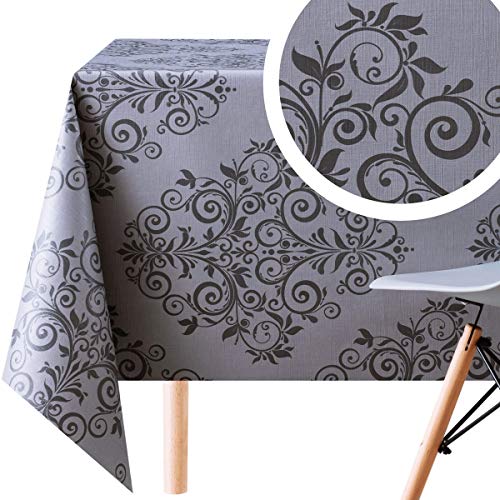 Wachstuchtischdecke Barockstil Damast Dunkler Graphit und Grau - Geprägtes Rechteckige 300 x 140 cm - Abwischbare PVC Tischdecke Wasserabweisend- Elegant Orientalische Vinyl Wachstuch Pflegeleicht von KP HOME