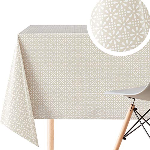 Beige Retro Wachstuchtischdecke mit Weiß Blumendruck, Abwischbare PVC Wachstuch - Rechteckige 250 x 140 cm - 8 Sitzplätze, Blumen Wachstischdecke Pflegeleicht Creme Vinyl Tischdecke Wasserdichtes von KP HOME