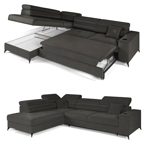 KP-Meble - Ecksofa mit Schlaffunktion und Bettkasten - Sofa L Form - 269 x 202 cm - mit 5 verstellbaren Kopfstützen & Becherhalter - Big Sofa, Relaxsofa, Langer Aschfahl - Links von KP-Meble