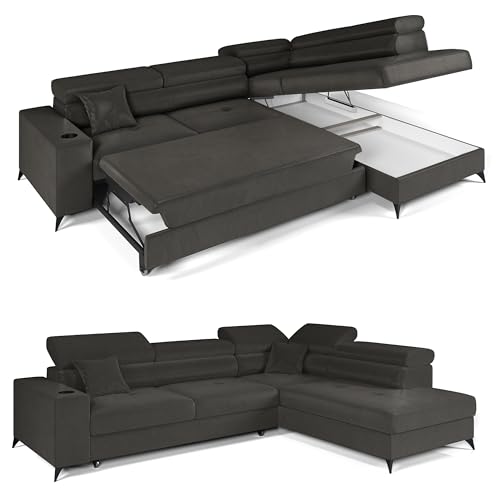 KP-Meble - Ecksofa mit Schlaffunktion und Bettkasten - Sofa L Form - 269 x 202 cm - mit 5 verstellbaren Kopfstützen & Becherhalter - Big Sofa, Relaxsofa, Langer Aschfahl - Rechts von KP-Meble