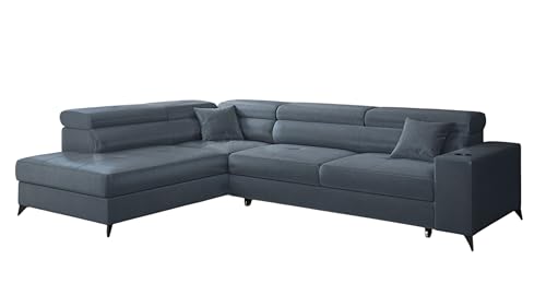 KP-Meble - Ecksofa mit Schlaffunktion und Bettkasten - Sofa L Form - 269 x 202 cm - mit 5 verstellbaren Kopfstützen & Becherhalter - Big Sofa, Relaxsofa, Langer Blau - Links von KP-Meble
