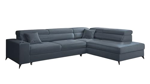 KP-Meble - Ecksofa mit Schlaffunktion und Bettkasten - Sofa L Form - 269 x 202 cm - mit 5 verstellbaren Kopfstützen & Becherhalter - Big Sofa, Relaxsofa, Langer Blau - Rechts von KP-Meble