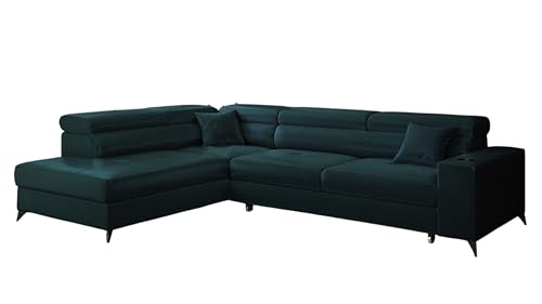 KP-Meble - Ecksofa mit Schlaffunktion und Bettkasten - Sofa L Form - 269 x 202 cm - mit 5 verstellbaren Kopfstützen & Becherhalter - Big Sofa, Relaxsofa, Langer Dunkel Türkis - Links von KP-Meble