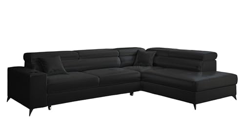KP-Meble - Ecksofa mit Schlaffunktion und Bettkasten - Sofa L Form - 269 x 202 cm - mit 5 verstellbaren Kopfstützen & Becherhalter - Big Sofa, Relaxsofa, Langer Dunkelgrau - Rechts von KP-Meble