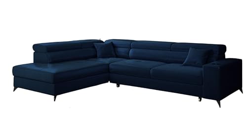 KP-Meble - Ecksofa mit Schlaffunktion und Bettkasten - Sofa L Form - 269 x 202 cm - mit 5 verstellbaren Kopfstützen & Becherhalter - Big Sofa, Relaxsofa, Langer Dunkler Saphir - Links von KP-Meble