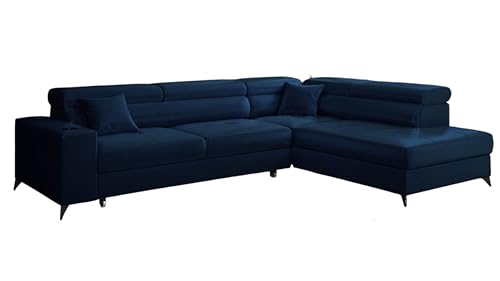 KP-Meble - Ecksofa mit Schlaffunktion und Bettkasten - Sofa L Form - 269 x 202 cm - mit 5 verstellbaren Kopfstützen & Becherhalter - Big Sofa, Relaxsofa, Langer Dunkler Saphir - Rechts von KP-Meble