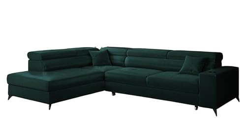 KP-Meble - Ecksofa mit Schlaffunktion und Bettkasten - Sofa L Form - 269 x 202 cm - mit 5 verstellbaren Kopfstützen & Becherhalter - Big Sofa, Relaxsofa, Langer Flaschengrün - Links von KP-Meble